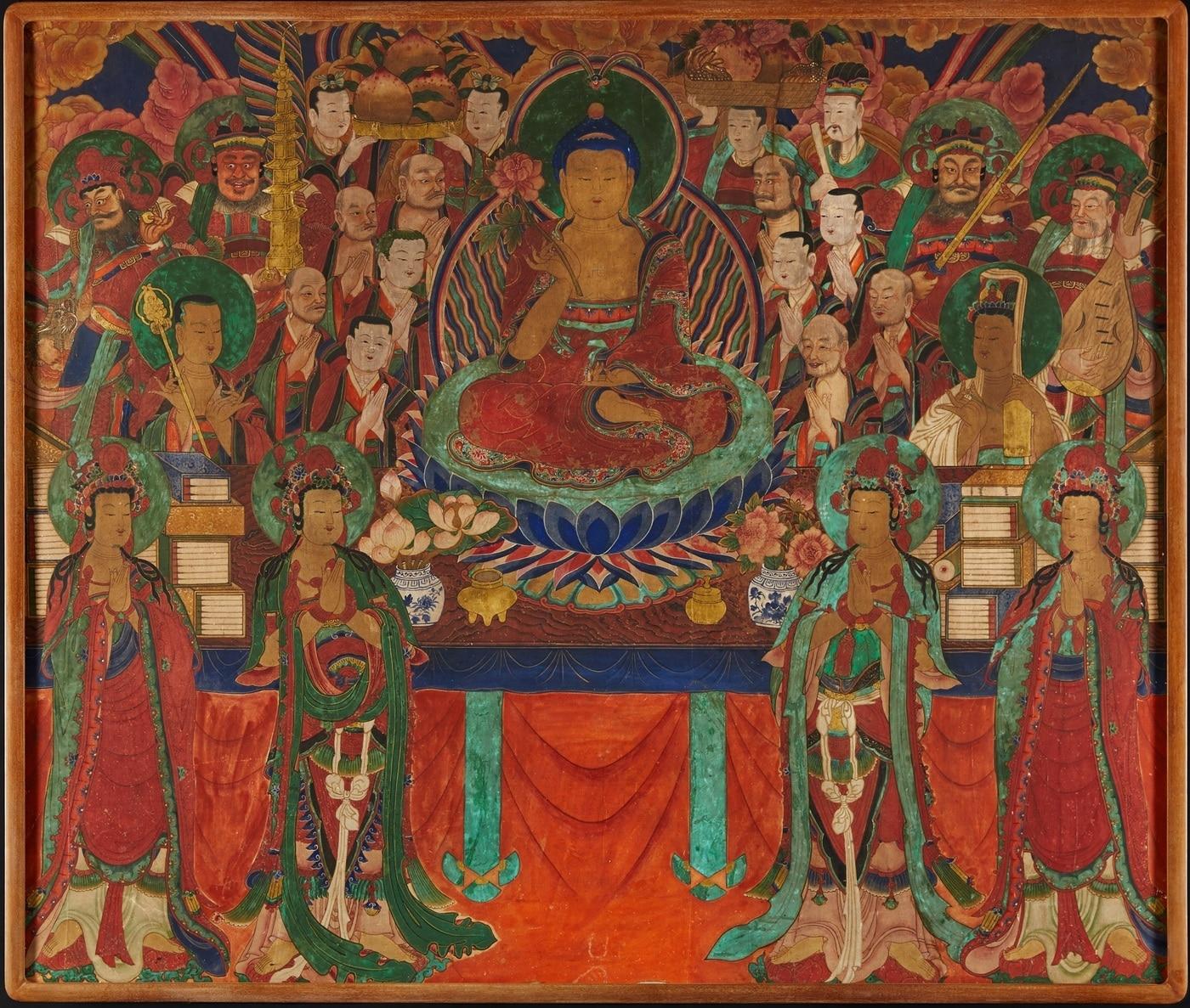 본문 이미지 - 극락에서 설법하는 아미타불 축연, 조선 19~20세기 무렵, 비단에 채색, 169.0&times;199.0cm. 국립중앙박물관 제공.