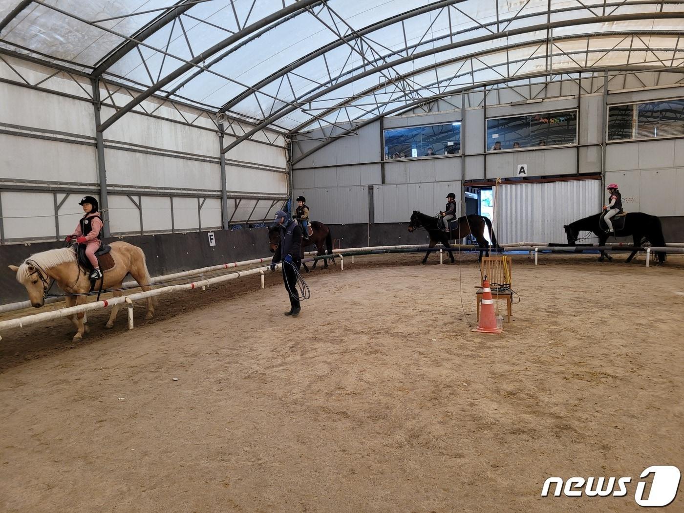 본문 이미지 - 용인시의 한 승마장에서 승마 강습을 받고 있는 학생들. (용인시 제공)