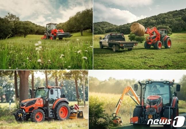 본문 이미지 -  왼쪽 상단부터 시계 방향으로 프론트로더+DK트랙터, 프론트스피오+HX트랙터, 후방로타리+HX트랙터. 사이드모어+HX트랙터 등 대동 수출 트랙터 모습(대동 제공)