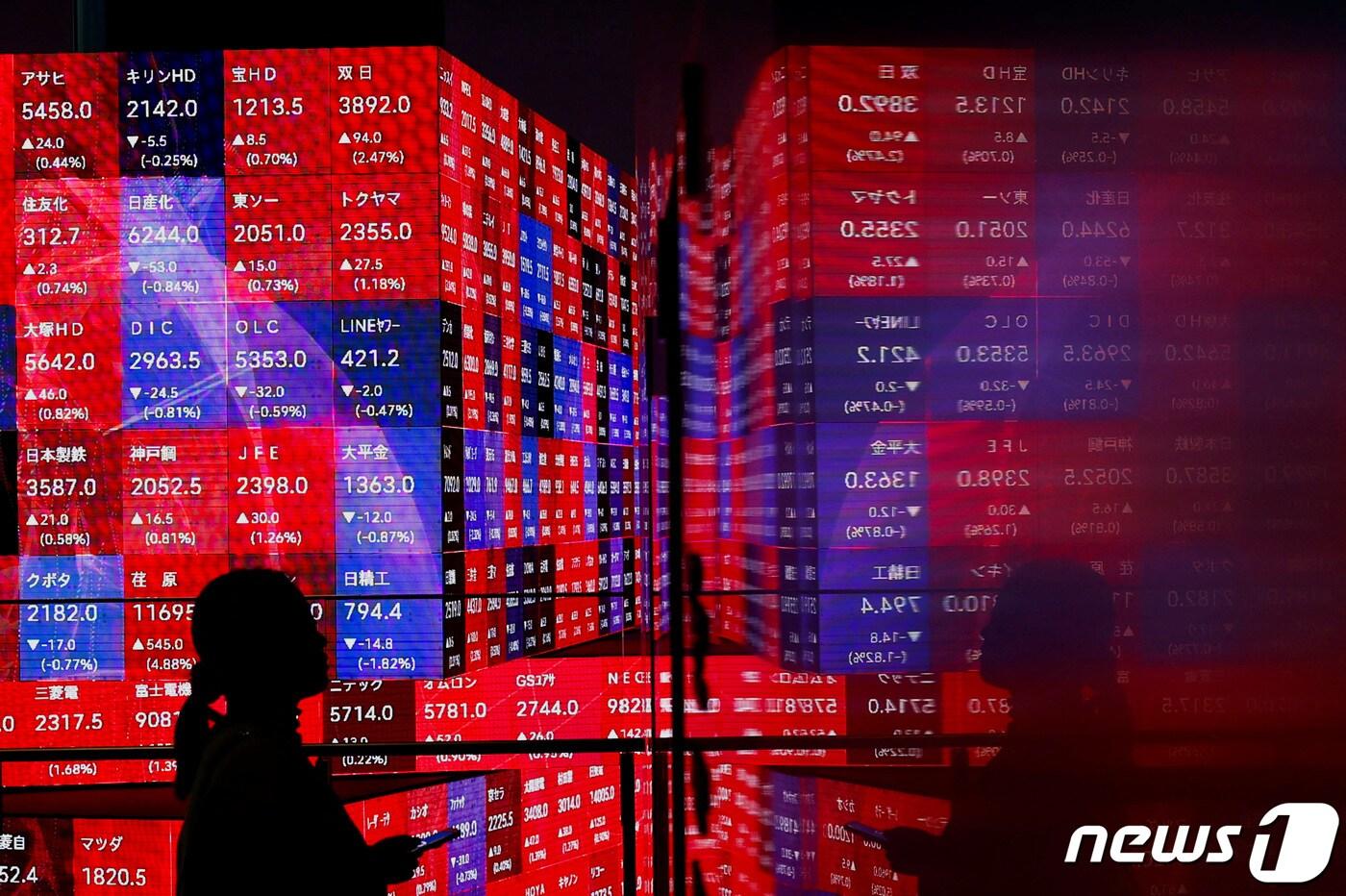 한 방문객이 일본 니케이 증시 시세 전광판 앞을 지나고 있다. 이날 일본 증시 대표 주가지수인 니케이225 평균주가(니케이지수)는 34년만에 장중 사상 최고치를 갈아치웠다. 2024.02.22. ⓒ 로이터=뉴스1 ⓒ News1 정윤영 기자