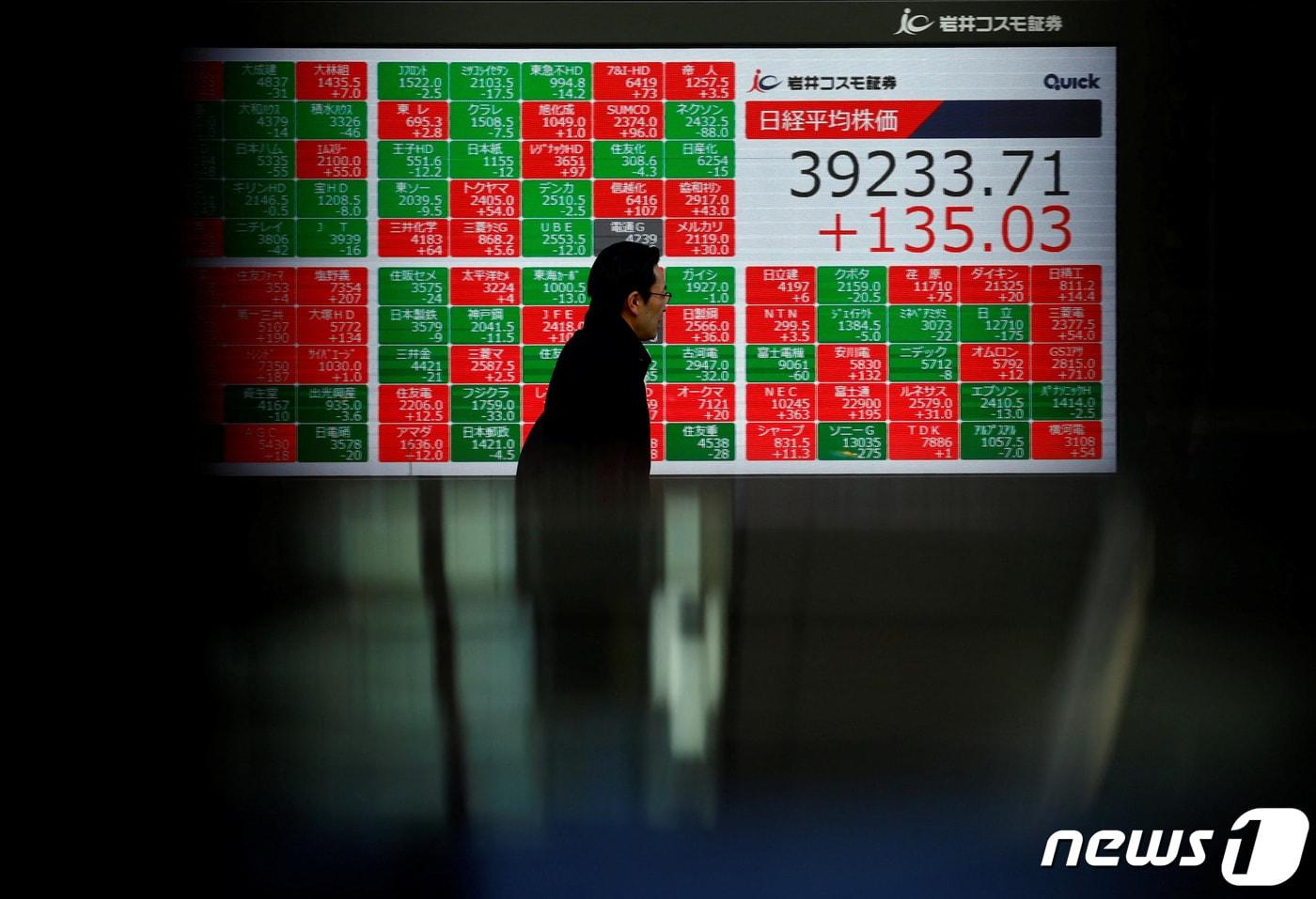 26일 도쿄에서 닛케이지수를 보여주는 전광판을 앞을 한 시민이 지나가고 있다. 2024.02.26 ⓒ 로이터=뉴스1 ⓒ News1 최종일 기자