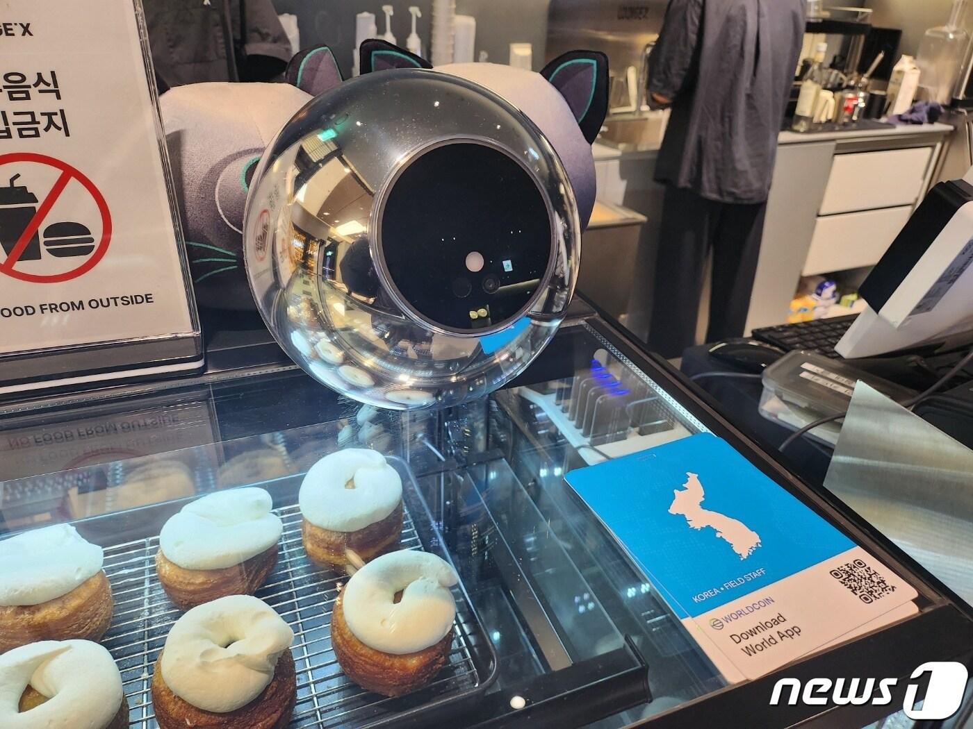 본문 이미지 - 2024년 2월15일 서울 여의도 라운드엑스 카페 진열대에 놓인 홍채 인식 기기 '오브'. ⓒ News1 김지현 기자