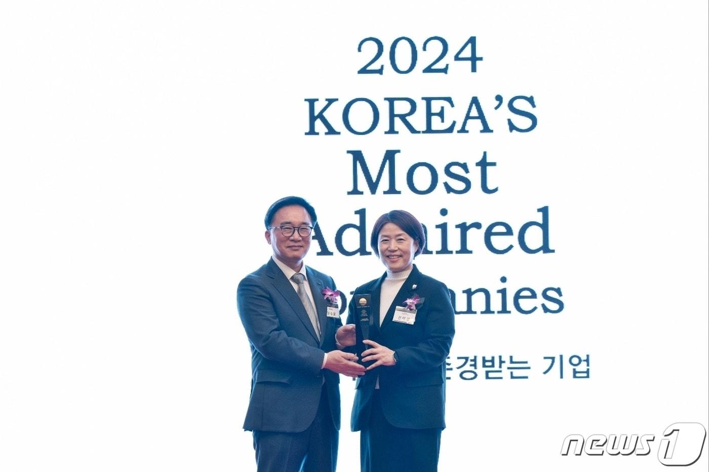 본문 이미지 - 신한카드(사장 문동권)는 한국능률협회컨설팅(KMAC)이 실시한 ‘2024 한국에서 가장 존경받는 기업’ 조사에서 17년 연속 신용카드 산업부문 1위 및 9년 연속 전체 산업에서 존경받는 ‘올스타(All Star)’ 기업에 선정됐다고 28일 밝혔다. 27일 서울 여의도 콘래드 호텔에서 개최된 인증식에서 진미경 신한카드 소비자보호본부장(오른쪽)이 한국능률협회컨설팅 한수희 대표이사와 기념 촬영을 하고 있다/사진제공=신한카드