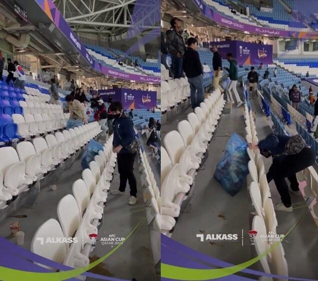 본문 이미지 - '2023 아시아축구연맹(AFC) 아시안컵 카타르' 8강전이 끝나고 팬들이 경기장 쓰레기를 줍고 있는 모습. ('알카스TV 스포츠' 갈무리)