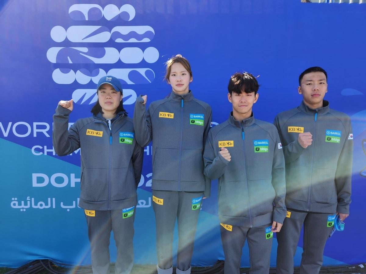본문 이미지 - 오픈워터스위밍 대표팀. 왼쪽부터 이해림, 박정주, 박재훈, 오세범. (대한수영연맹 제공)