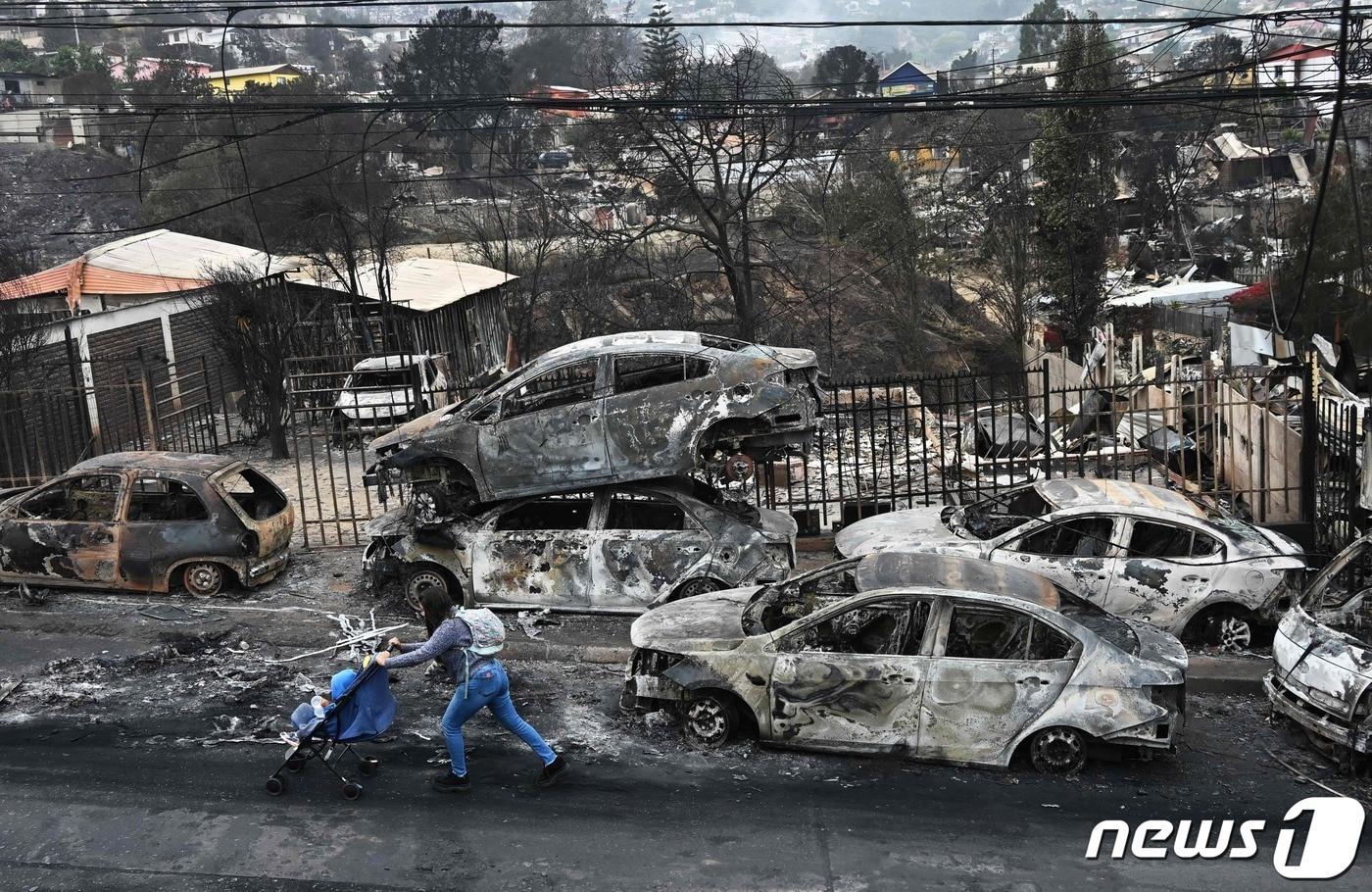 본문 이미지 - 4일 (현지시간) 산불이 덮쳐 '역대급 참사'가 발생한 칠레 발파라이소주 비냐델마르에서 불에 탄 채 방치된 차량들이 보인다. 2024.2.5 ⓒ AFP=뉴스1 ⓒ News1 우동명 기자