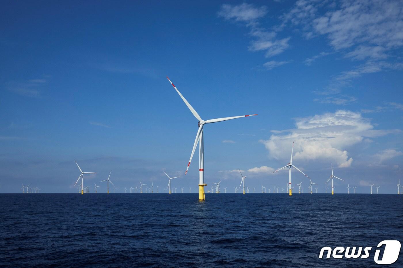 독일 북해의 해상풍력발전소의 모습. 2021년 8월 촬영본 ⓒ 로이터=뉴스1 ⓒ News1 권진영 기자