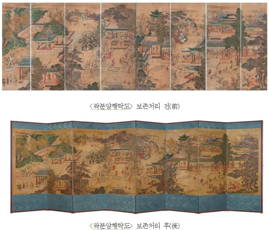 본문 이미지 - 곽분양행락도 보존처리 전/후. 국외소재문화재재단 제공.
