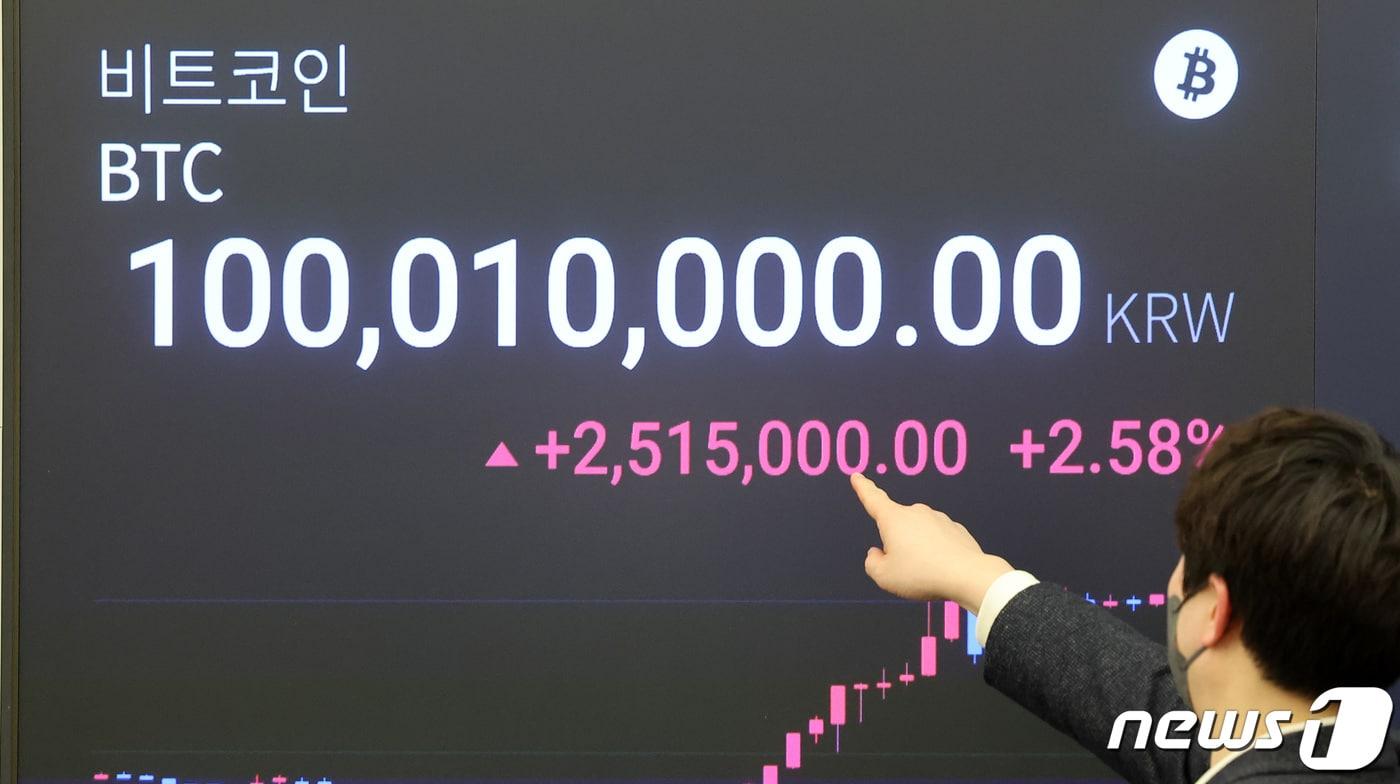 비트코인이 원화기준 처음으로 1억원을 넘어서며 최고가를 경신한 11일 서울 강남구 업비트 라운지에 비트코인 시세가 표시돼 있다. 2024.3.11/뉴스1 ⓒ News1 김성진 기자