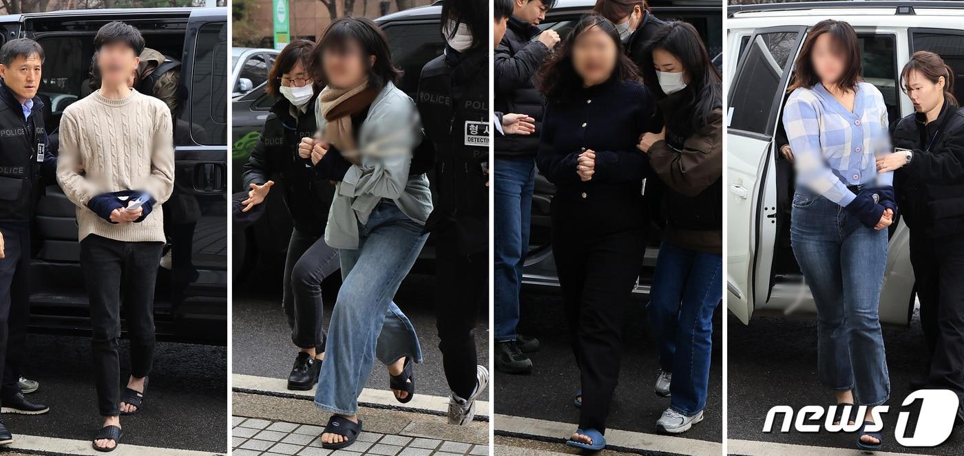 본문 이미지 - '이토 히로부미 발언'으로 논란을 일으킨 성일종 의원의 사퇴를 요구하며 국민의힘 중앙당사에 난입해 집회 및 시위에 관한 법률 위반 등 혐의를 받는 한국대학생진보연합(대진연) 회원 4명이 12일 오전 서울 양천구 서울남부지방법원에서 열리는 구속 전 피의자심문(영장실질심사)에 출석하고 있다.  2024.3.12/뉴스1 ⓒ News1 김진환 기자