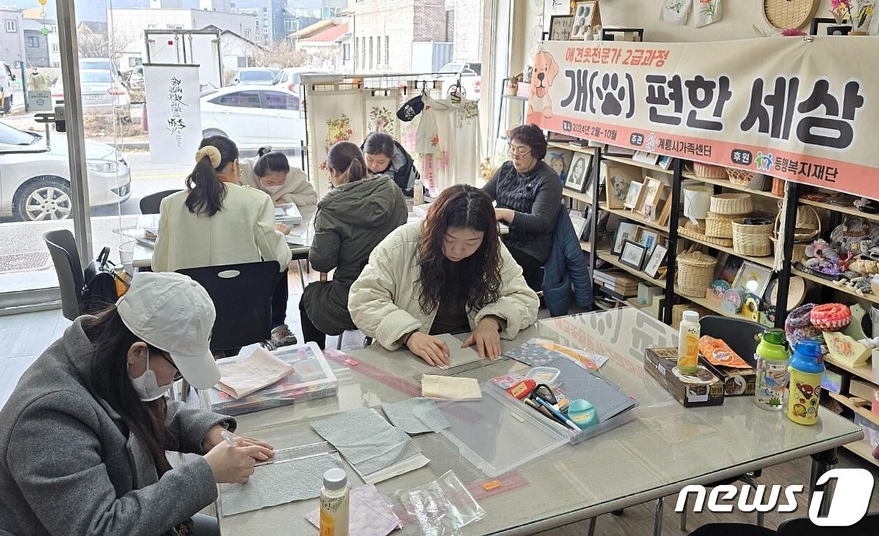 본문 이미지 - 애견옷 전문가 자격증 취득 ‘개편한 세상’ 프로그램 모습. (계룡시 제공) /뉴스1