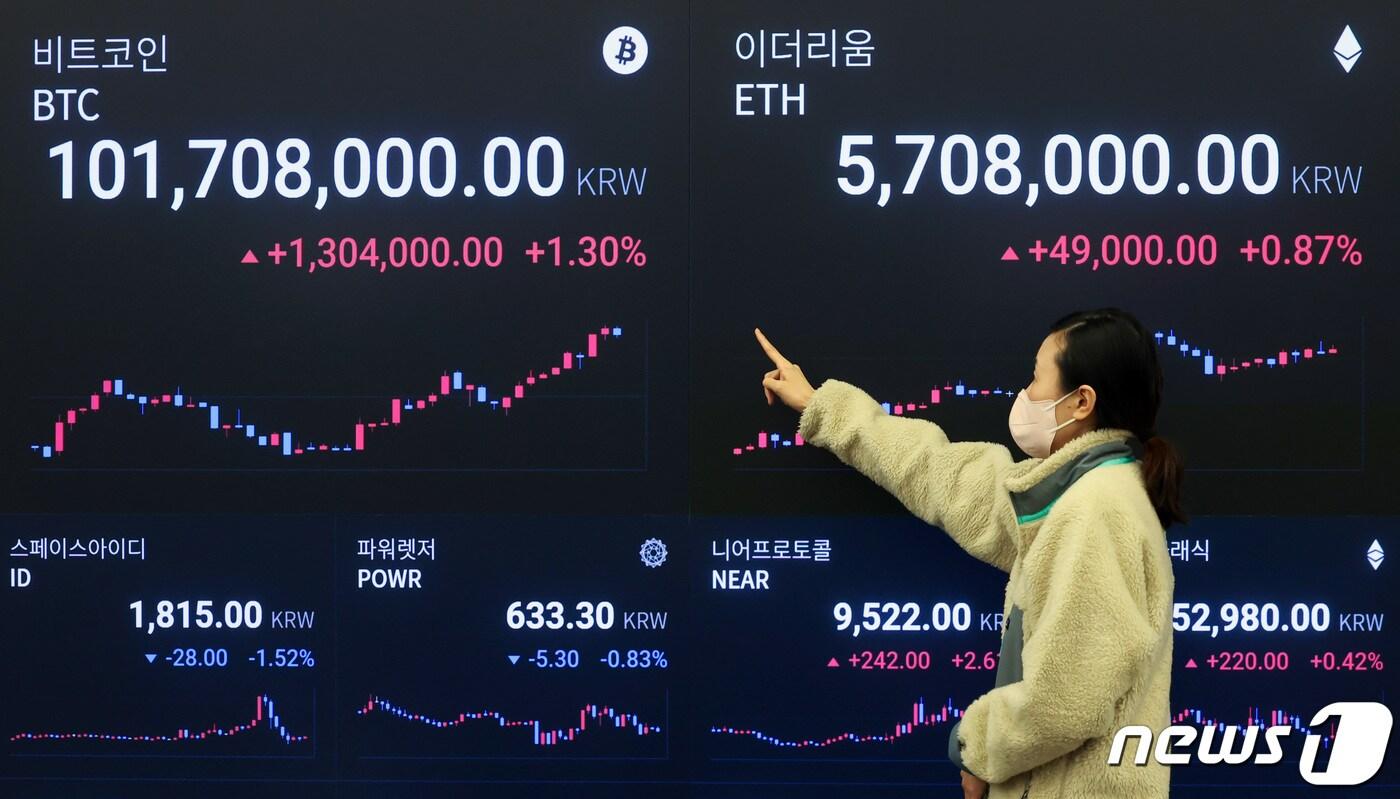 비트코인 가격이 1억원을 돌파하며 최고가를 경신하고 있는 가운데 12일 서울 강남구 업비트 라운지에 비트코인 시세가 나오고 있다. 2024.3.12/뉴스1 ⓒ News1 김민지 기자
