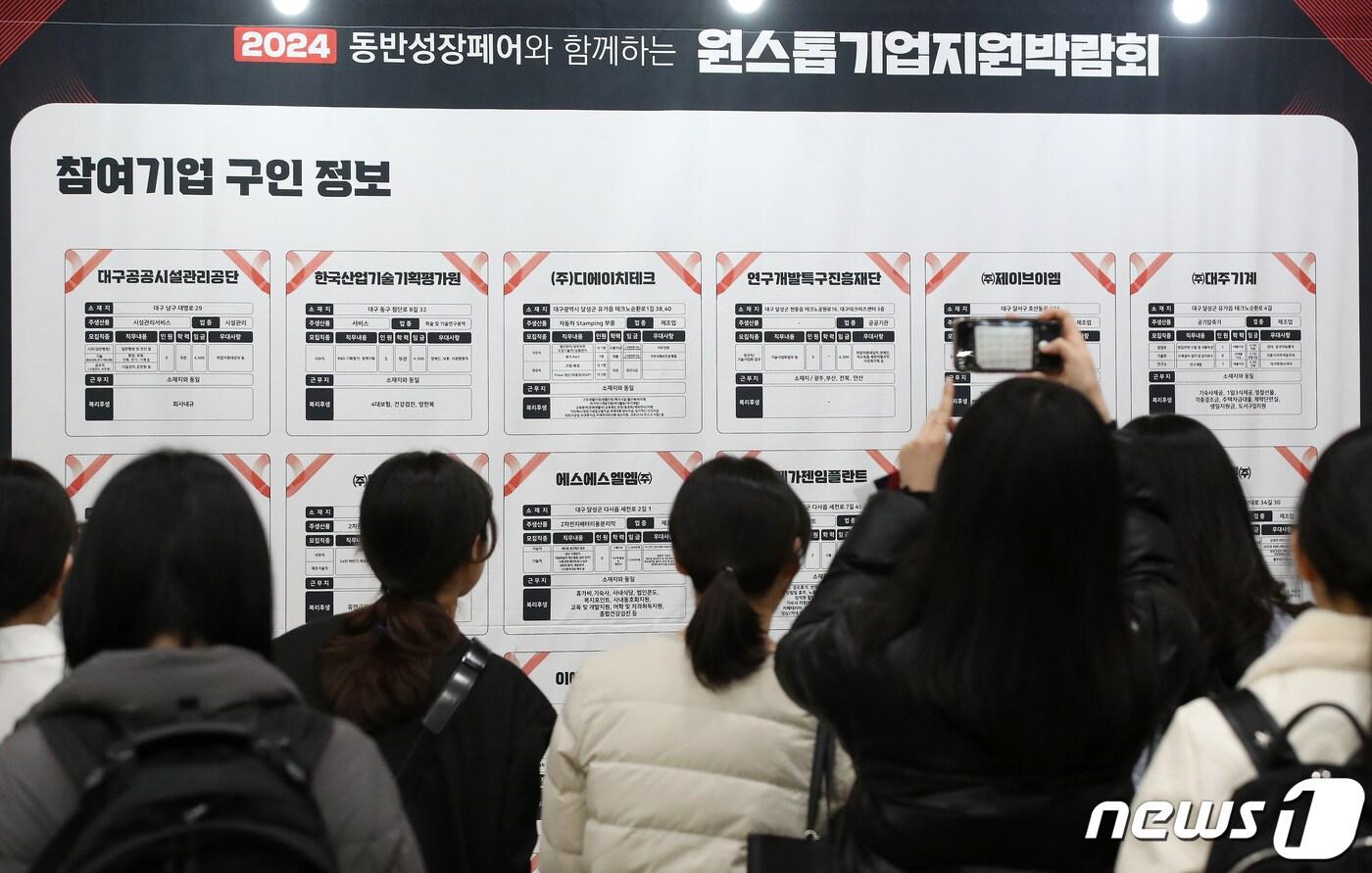 본문 이미지 - 12일 대구 엑스코에서 개막한 '2024 원스톱기업지원박람회'를 찾은 구직자들이 참여기업 구인정보를 확인하고 있다. 2024.3.12/뉴스1 ⓒ News1 공정식 기자