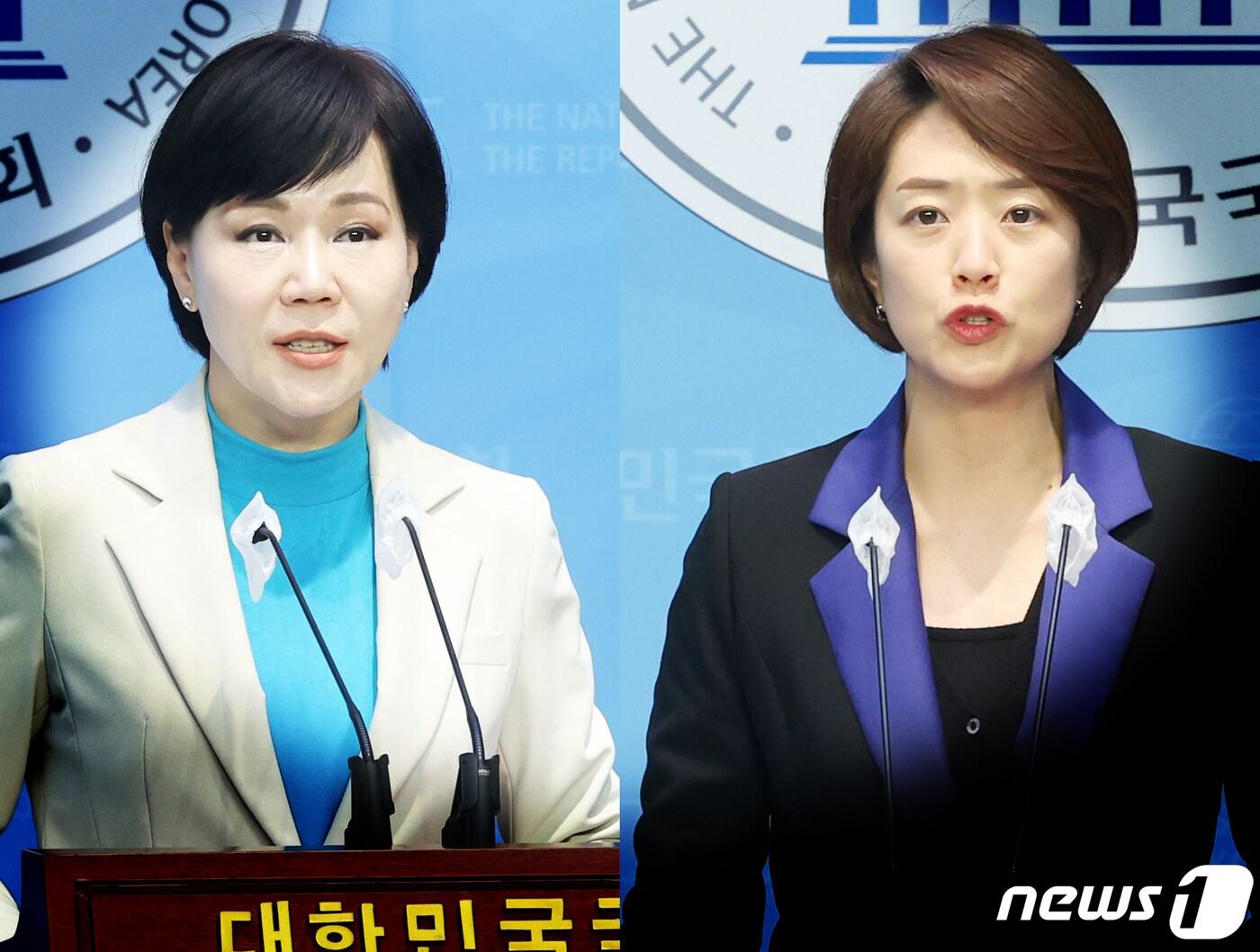본문 이미지 - 전현희 더불어민주당 서울 중구성동구갑 후보와 고민정 서울 광진을 후보가 14일 서울 여의도 국회 소통관에서 각각 제22대 총선 진보당과 단일화 기자회견을 하고 있다. 2024.3.14/뉴스1 ⓒ News1 ,송원영 기자