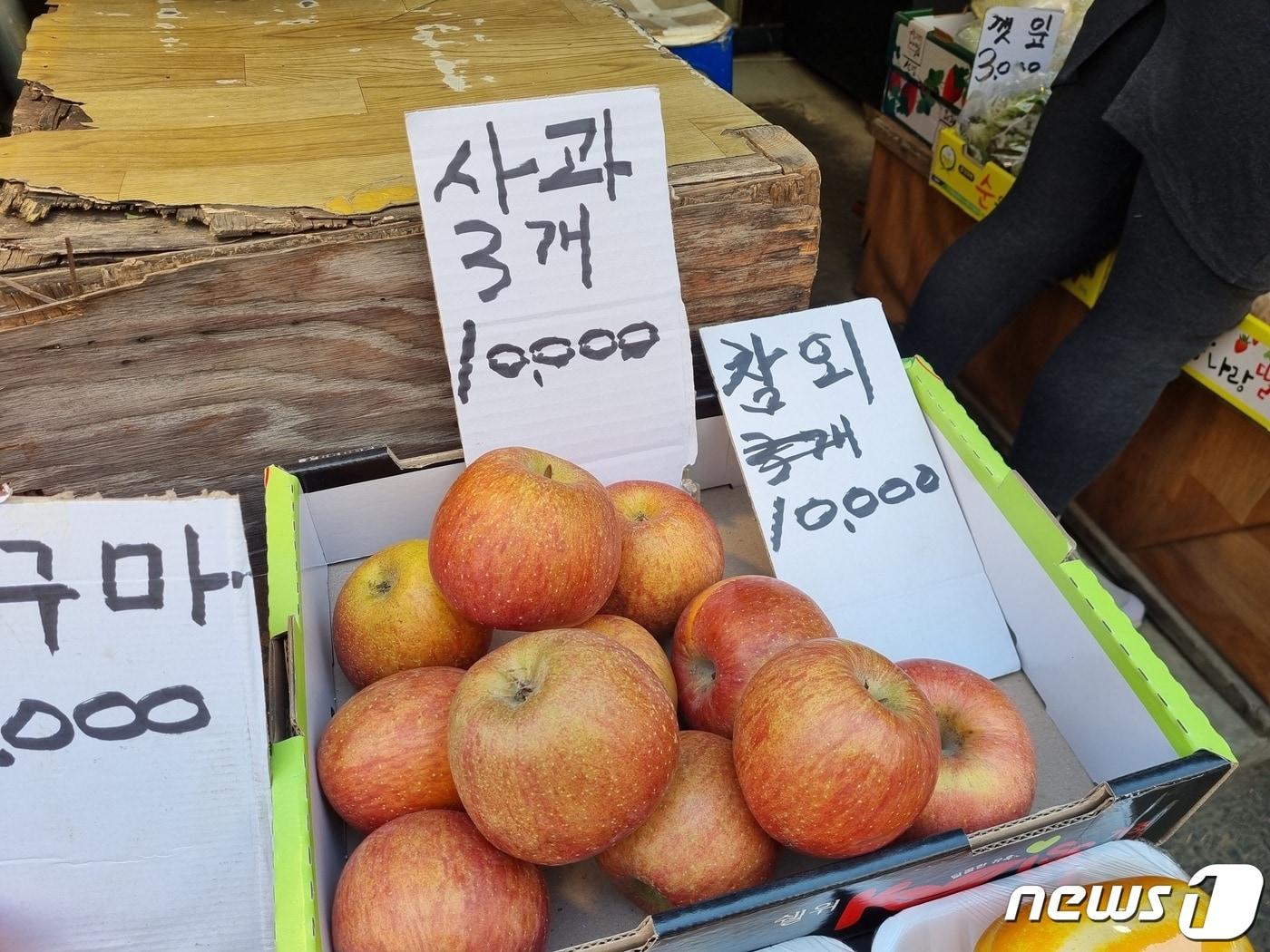 본문 이미지 -  14일 경기 구리시 구리전통시장 내 한 과일가게 가판대에 진열된 사과.2024.03.14./뉴스1 양희문 기자