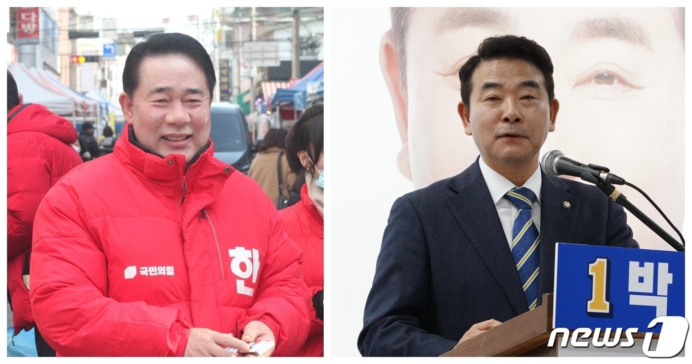 본문 이미지 - 제22대 총선 '파주시을' 후보인 국민의힘 한길룡 후보(왼쪽)과 민주당 박정 후보. (후보 선거캠프 제공)