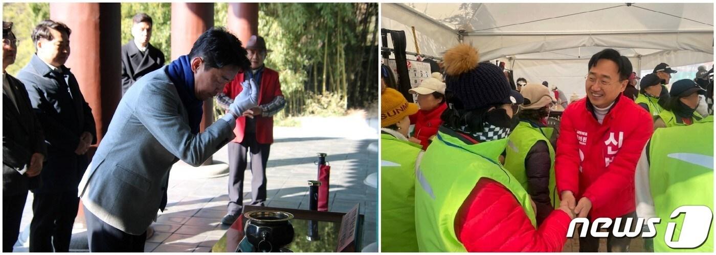 4·10 총선 후보 등록을 마친 강훈식(왼쪽) 후보가 현충사에서 참배하고 있다. 초선에 도전하는 신범철(오른쪽)도 일찌감치 후보 등록을 마치고 본격적인 선거 운동에 돌입했다.