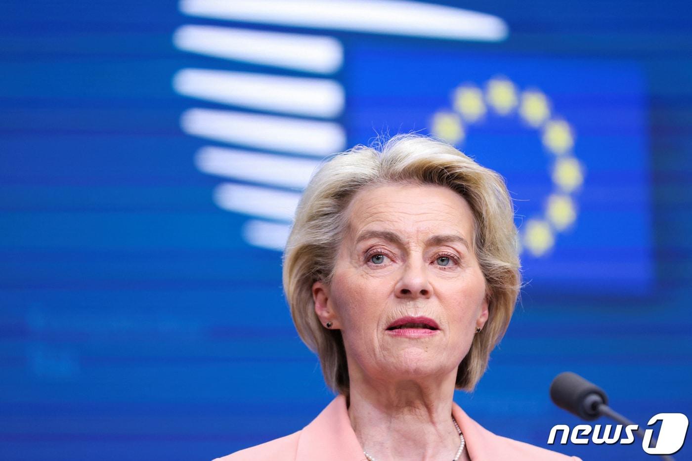 21일(현지시간) 벨기에 브뤼셀에서 우르줄라 폰데어라이엔 유럽연합(EU) 집행위원장이 연설하고 있다. 2024.03.21 ⓒ 로이터=뉴스1 ⓒ News1 정지윤 기자