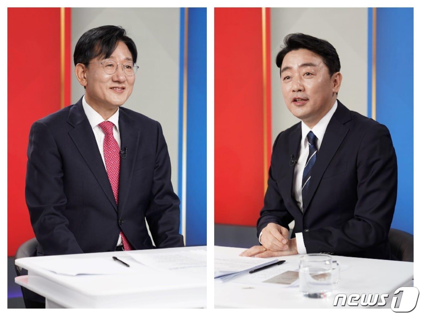 본문 이미지 - 22일 아산시기자회와 SK브로드밴드 중부방송이 주최한 아산을 국회의원 후보자 토론회에 참석한 국민의힘 전만권 후보(왼쪽)와 더불어민주당 강훈식 후보. (아산시기자회 제공) /뉴스1