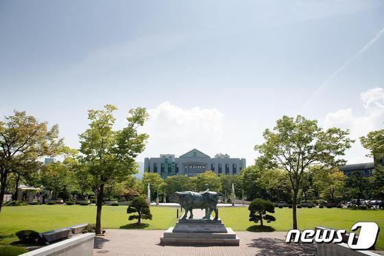 본문 이미지 -  정부의 의대 정원 확대 추진으로 건국대 글로컬캠퍼스가 지역사회에 미치는 영향이 재조명받고 있다. 사진은 글로컬캠퍼스 황소상.(자료사진)2024.3.24/뉴스1