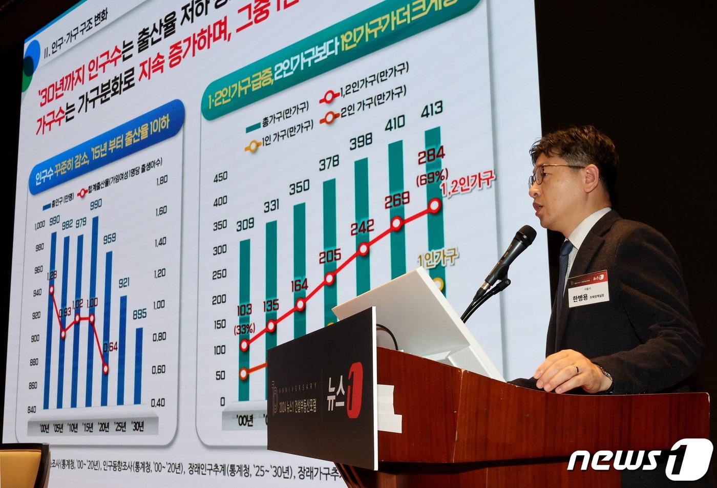 본문 이미지 - 한병용 서울시 주택정책실장이 26일 서울 여의도 한국거래소 컨퍼런스홀에서 열린 2024 뉴스1 건설부동산포럼에서 '주택 공급을 넘어 주거 가치를 실현하는 서울시 주택정책'을 주제로 발표하고 있다. 2024.3.26/뉴스1 ⓒ News1 장수영 기자