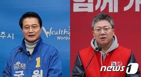 본문 이미지 - 제22대 총선 강원 원주 갑 선거구에 출마한 더불어민주당의 원창묵 전 원주시장(왼쪽)과 국민의힘의 박정하 국회의원. (뉴스1 DB)
