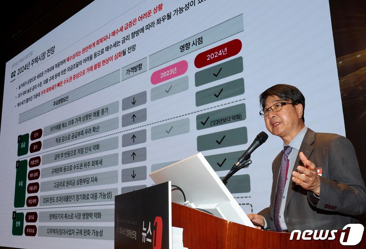 본문 이미지 - 유선종 건국대 부동산학과 교수가 26일 서울 여의도 한국거래소 컨퍼런스홀에서 열린 2024 뉴스1 건설부동산포럼에서 '기준금리과 규제완화, 2024년 부동산시장 전망은?'을 주제로 발표하고 있다. 10주년을 맞은 이번 건설부동산 포럼은 신도시·메가시티·GTX 속도내는 도시혁신을 주제로 개최됐다. 2024.3.26/뉴스1 ⓒ News1 장수영 기자
