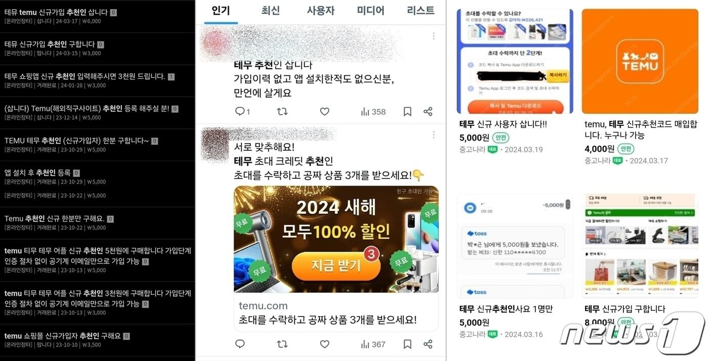 테무 신규 가입자 구매 게시글(인터넷 커뮤니티, SNS 갈무리)