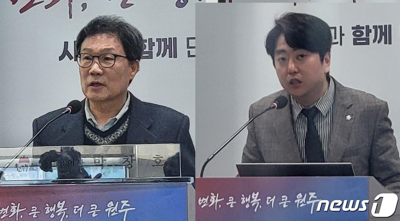 본문 이미지 - 박창호 강원 원주문화재단 대표이사(왼쪽)와 손준기 더불어민주당 원주시의원이 27일 각각 원주시청에서 기자회견을 열고 있다. 2024.3.27/뉴스1 신관호 기자