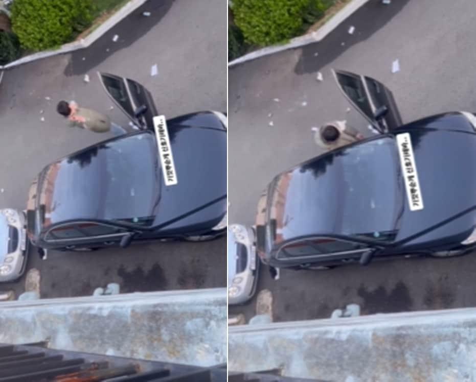 본문 이미지 - 음주 사실을 신고받고 고객의 차량을 부수고 있는 대리기사. 온라인 커뮤니티 갈무리.