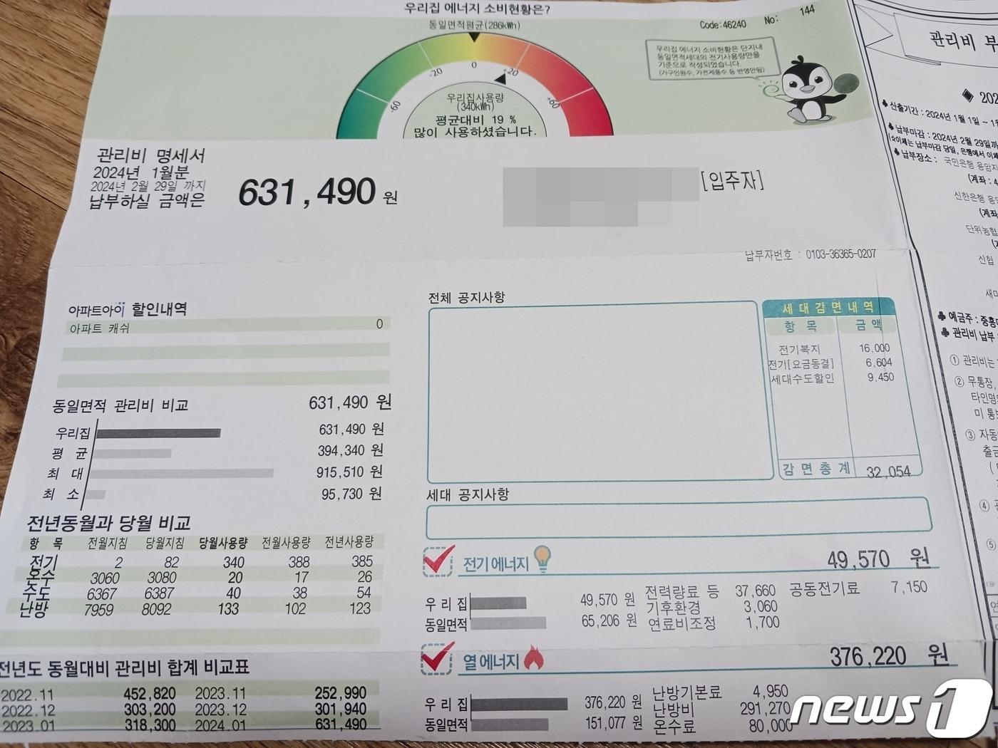 본문 이미지 - 충북 청주시 용암동에 거주하는 김모 씨&#40;64·여&#41; 집의 1월 관리비.2024.3.3./뉴스1 ⓒ News1 임양규 기자