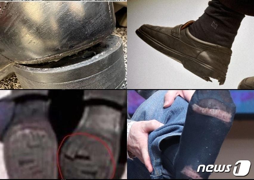 본문 이미지 - 이재명 더불어민주당 대표 비서실은 30일 SNS에 구두 밑창이  다 떨어질 정도로 열심히 선거현장을 누볐다며 사진을 소개했다.  왼쪽 위부터 시계방향으로 이 대표 구두 밑창, 고 박원순 서울 시장 신발, 안철수 국민의힘 의원의 해진 양말, 문재인 전 대통령의 구두 밑창. (SNS 갈무리·) ⓒ 뉴스1 DB