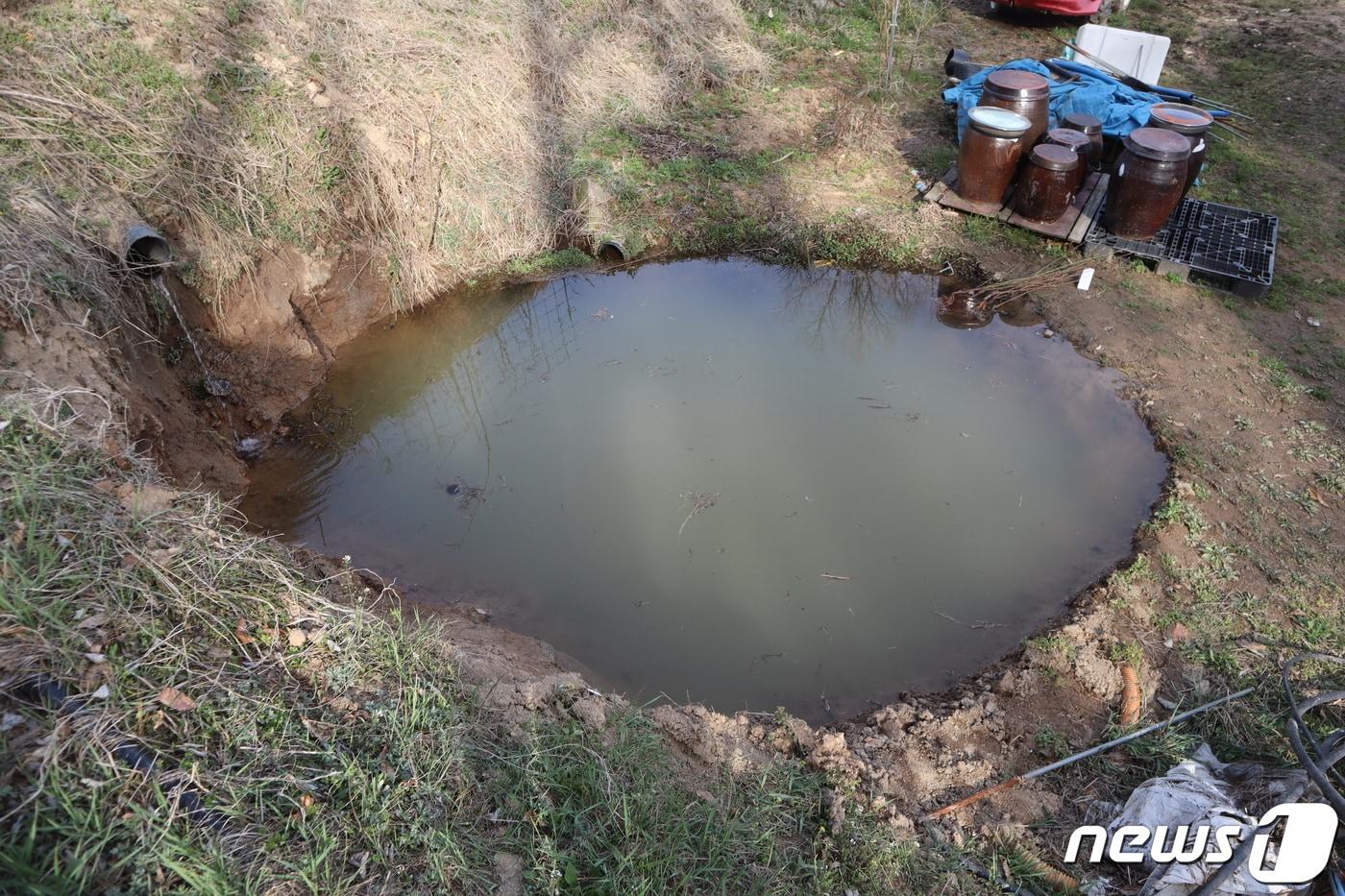 지난 30일 생후 33개월된 여아가 빠져 숨진 충북 보은군 보은읍 한 농장 옆에 있는 약 1m 깊이의 물웅덩이 모습.2024.03.31./뉴스1 ⓒ News1 박건영 기자