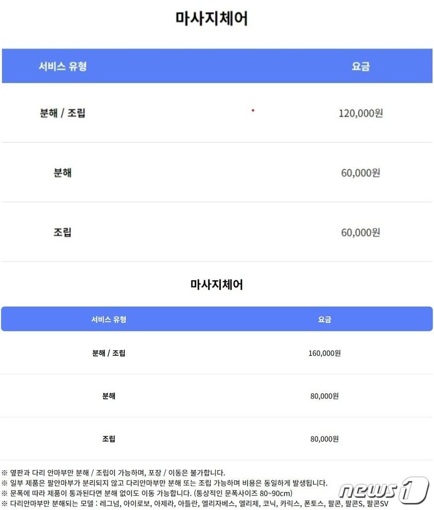 본문 이미지 -   바디프랜드 마사지체어 분해·조립비 인상전 인상후 가격 