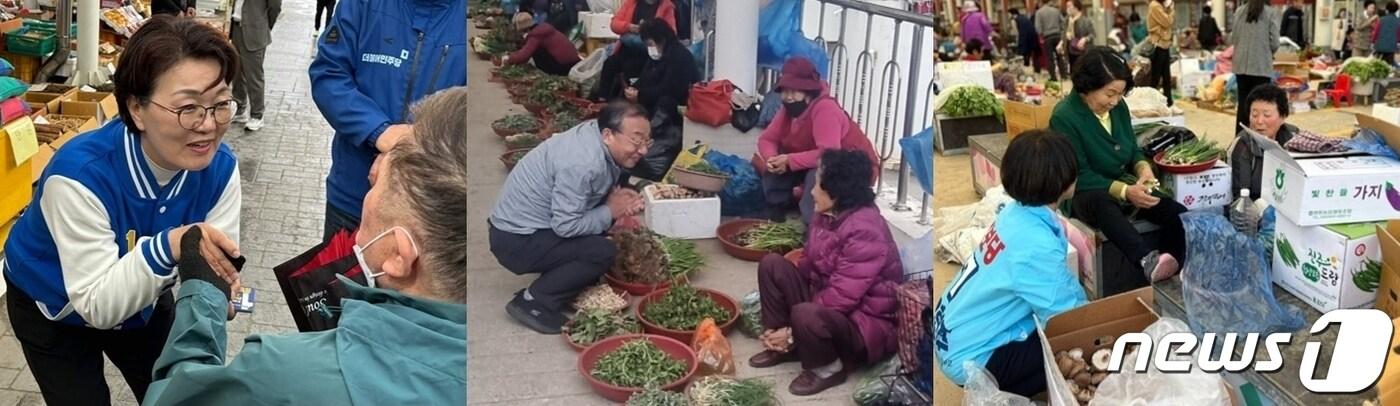 본문 이미지 - 22대 전남 순천·광양·곡성·구례을 선거구 후보자들이 1일 광양시 광양읍 광양5일시장에서 상인들과 대화를 나누고 있다. 왼쪽부터 권향엽 더불어민주당 후보, 이정현 국민의힘 후보, 유현주 진보당 후보.(각 후보 측 캠프 제공)2024.4.1/뉴스1