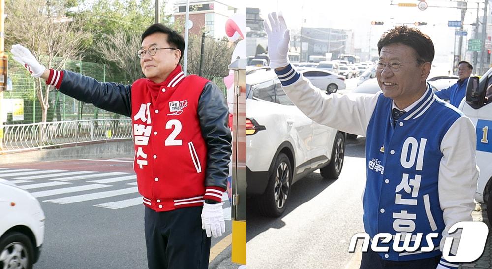 본문 이미지 - 국민의힘 서범수(왼쪽), 더불어민주당 이선호 울주군 후보가 1일 울주군 범서읍 일원에서 각각 선거 유세를 하고 있다. 2024.4.1/뉴스1 ⓒ News1 조민주 기자