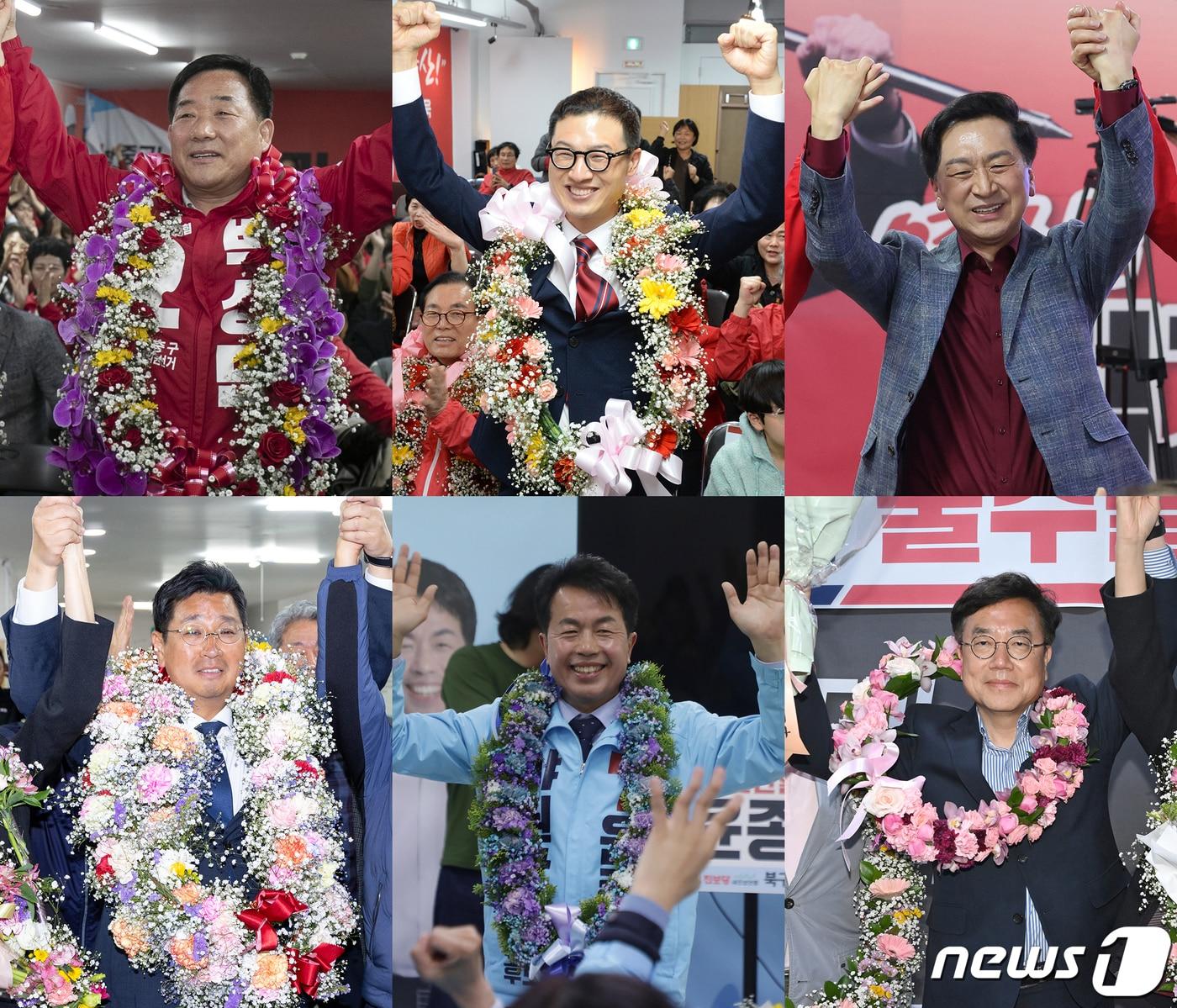 본문 이미지 - 국민의힘 중구 박성민(왼쪽 위부터), 국민의힘 남구갑 김상욱, 국민의힘 남구을 김기현, 더불어민주당 동구 김태선, 진보당 북구 윤종오, 국민의힘 울주군 서범수 당선인. (울산사진공동취재단) 2024.4.11/뉴스1 ⓒ News1 조민주 기자