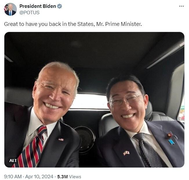 본문 이미지 - 9일(현지시간) 조 바이든 미국 대통령의 사회관계망서비스(SNS) 엑스에 올라온 사진 갈무리. (출처 : PresidentBiden X계정) 2024.04.11/