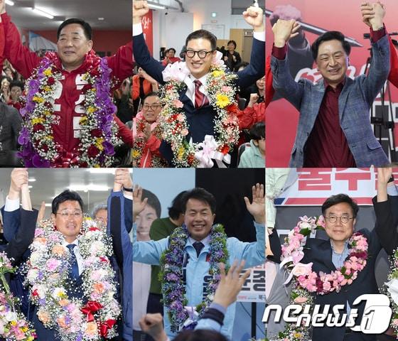 본문 이미지 - 10일 제22대 국회의원 선거에 출마한 울산 후보자들이 각각 자신의 선거사무소에서 당선이 확정되자 만세를 부르며 환호하고 있다. 국민의힘 중구 박성민(왼쪽 위부터), 국민의힘 남구갑 김상욱, 국민의힘 남구을 김기현, 더불어민주당 동구 김태선, 진보당 북구 윤종오, 국민의힘 울주군 서범수 당선인. (울산사진공동취재단) 2024.4.11/뉴스1 ⓒ News1 조민주 기자