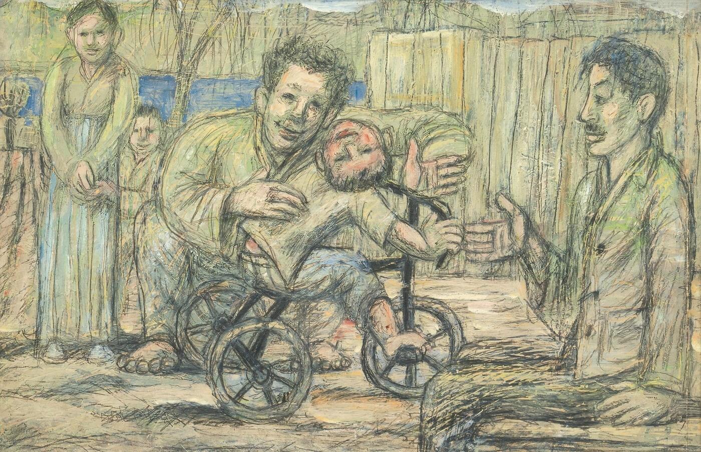 본문 이미지 - 이중섭 Lee JoongSeop 1916 – 1956 시인 구상의 가족 oil and pencil on paper 32&times;49.5cm | 1955. 케이옥션 제공.