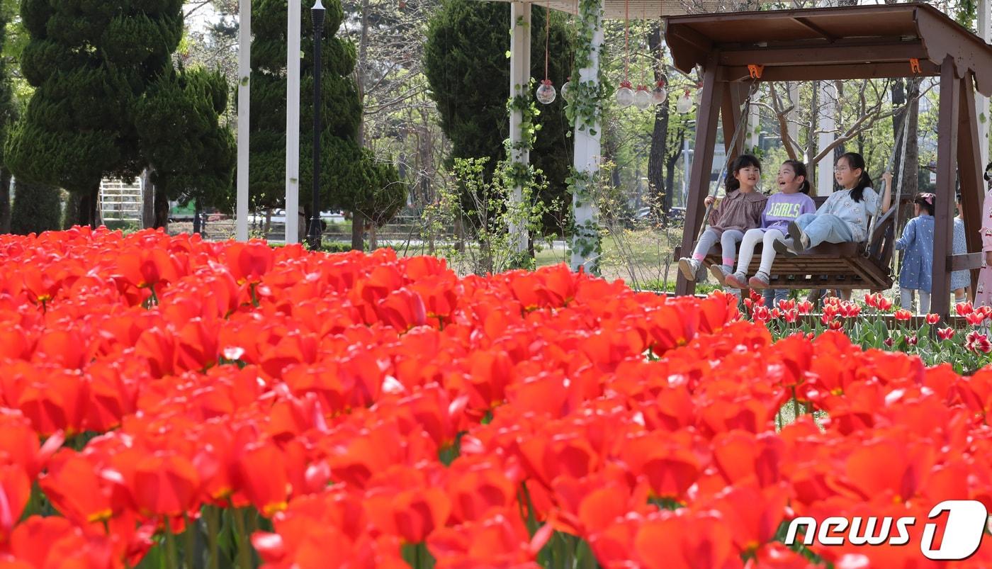 본문 이미지 - 24일 대전·충남은 건조특보가 발효된 가운데 대기가 매우 건조할 것으로 예보됐다. 대전 유성구 유림공원에서 나들이 나온 유성구청 어린이집 원생들이 만개한 튤립사이로 즐거운 시간을 보내고 있다. ⓒ 뉴스1 김기태 기자