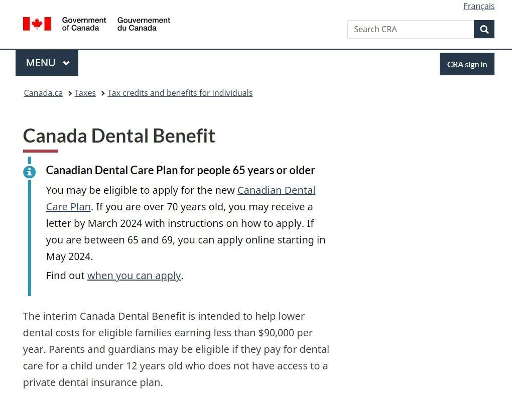본문 이미지 - 캐나다 정부 누리집에 게시된 노인 무료 치과 보험 관련 공지 갈무리. &#40;출처 : Government of Canada&#41;. 2024.04.14/