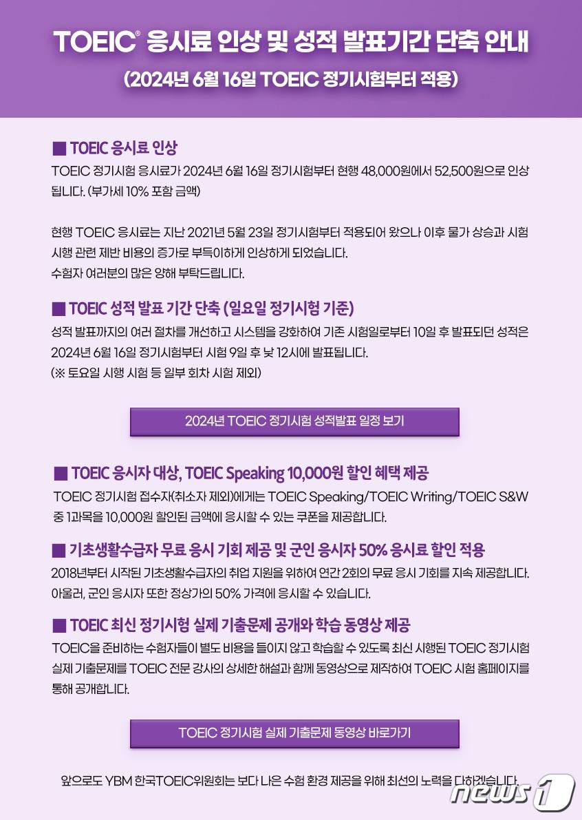 본문 이미지 - TOEIC 응시료 인상 및 성적 발표일 단축 안내 공지문.