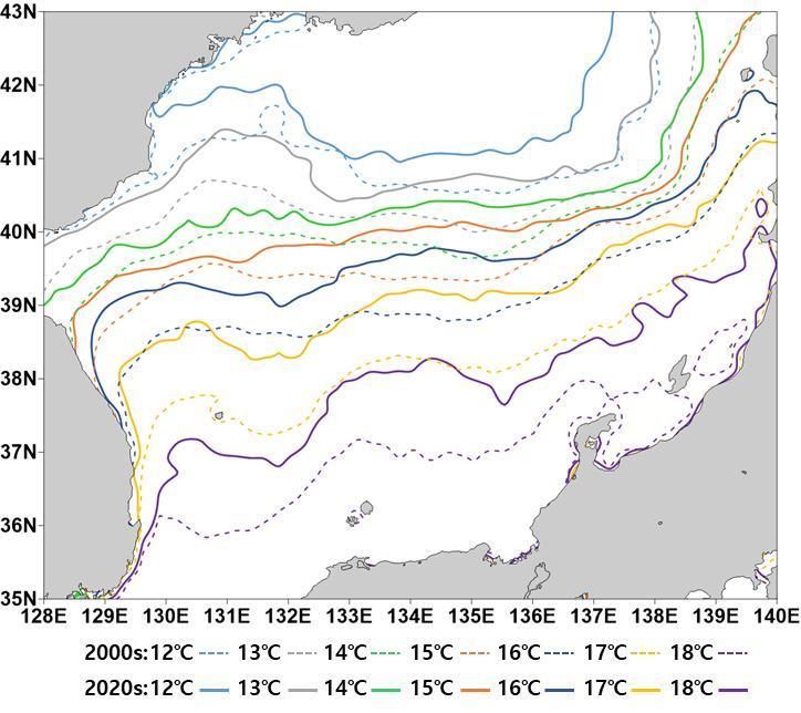 본문 이미지 - 한반도 주변해역 등수온선의 변화(수과원 제공)