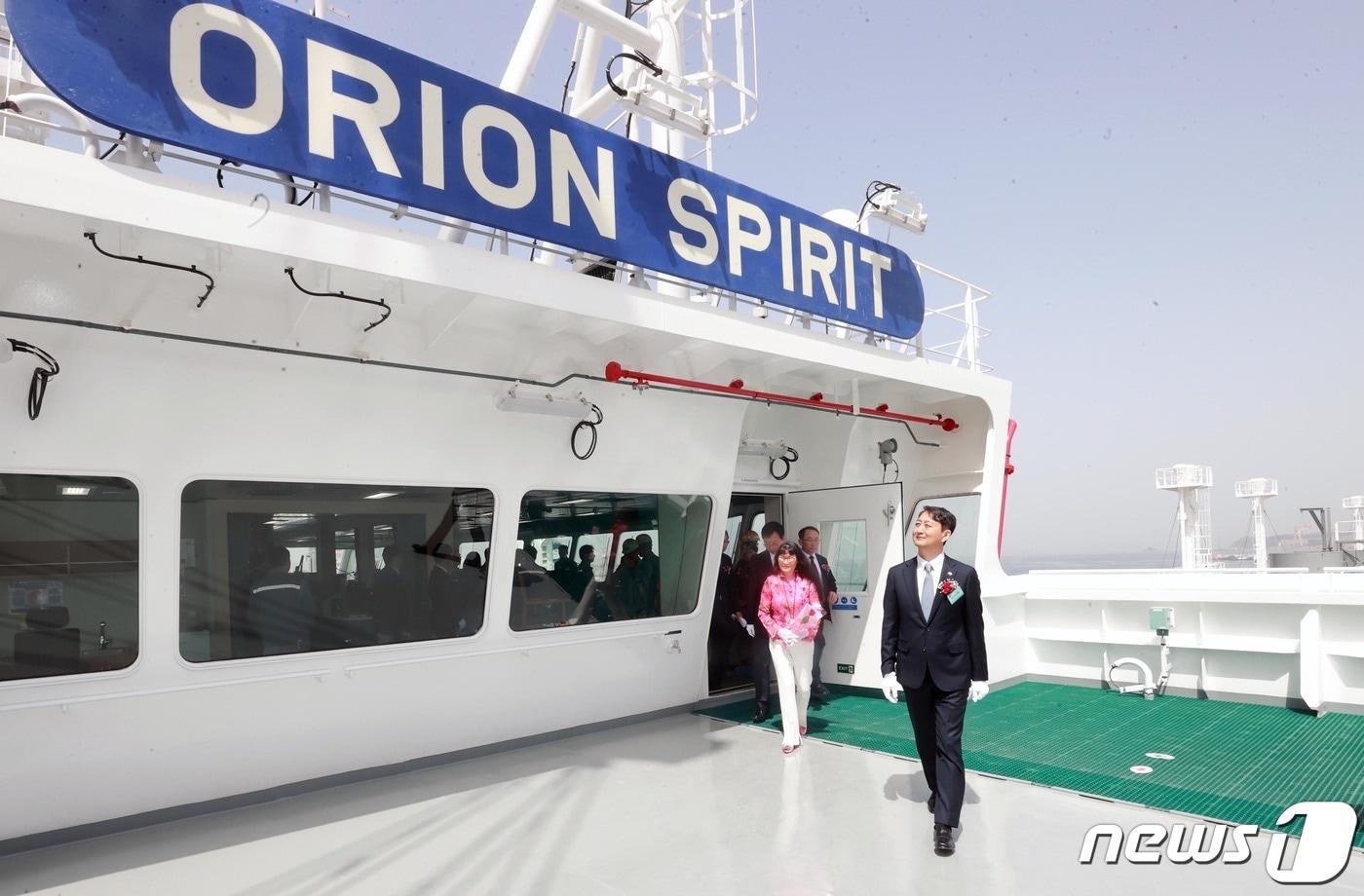  경남 거제시 삼성중공업 거제조선소에서 열린 대형 액화천연가스&#40;LNG&#41; 운반선 수출 500호선인 &#39;오리온 스피릿&#40;Orion Spirit&#41;&#39;호 &#40;자료사진/산업통상자원부 제공&#41;  2024.4.18/뉴스1