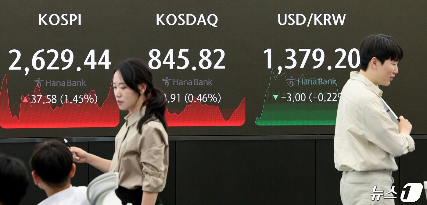 22일 오후 서울 중구 하나은행 딜링룸에서 직원들이 업무를 보고 있다. 이날 코스피는 전 거래일 대비 37.58포인트(p)(1.45%) 상승한 2629.44, 코스닥은 3.91p(0.46%) 오른 845.82로 마감했다. 원·달러 환율은 전날보다 3.0원 내린 1379.2원에 마감됐다. 2024.4.22/뉴스1 ⓒ News1 장수영 기자