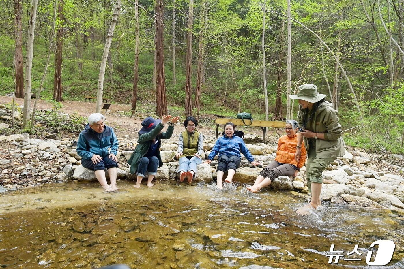 국립백두대간수목원 ‘가든스테이’ 참여자가 전문 숲해설사가 진행하는 ‘숲속을 걸어요’ 체험프로그램에 참여하고 있다. (산림청 한국수목원정원관리원 제공) /뉴스1