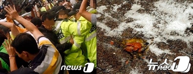 본문 이미지 - 2012년 9월 15일 울산 중구의 한 다세대 주택에서 실시된 '울산 자매 살해범' 김홍일의 현장검증은 분노한 유족과 피해자 친구들이 던지 계란과 소금, 울부짖음으로 아수라장이 됐다. ⓒ 뉴스1 