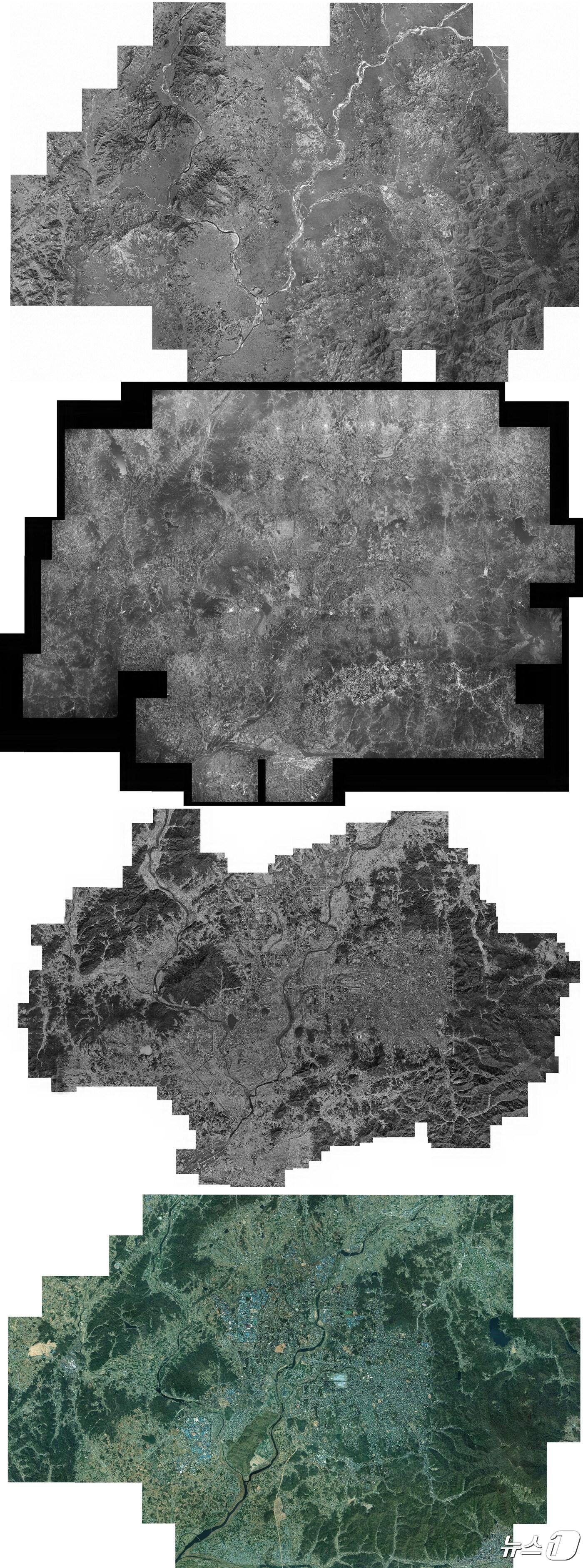 본문 이미지 - 광주지역 과거와 현재를 한눈에 비교할 수 있는 시계열 항공 사진. 위쪽부터 1966년, 1983년, 2002년, 2023년 광주 항공 사진.(광주시 제공)/뉴스1 