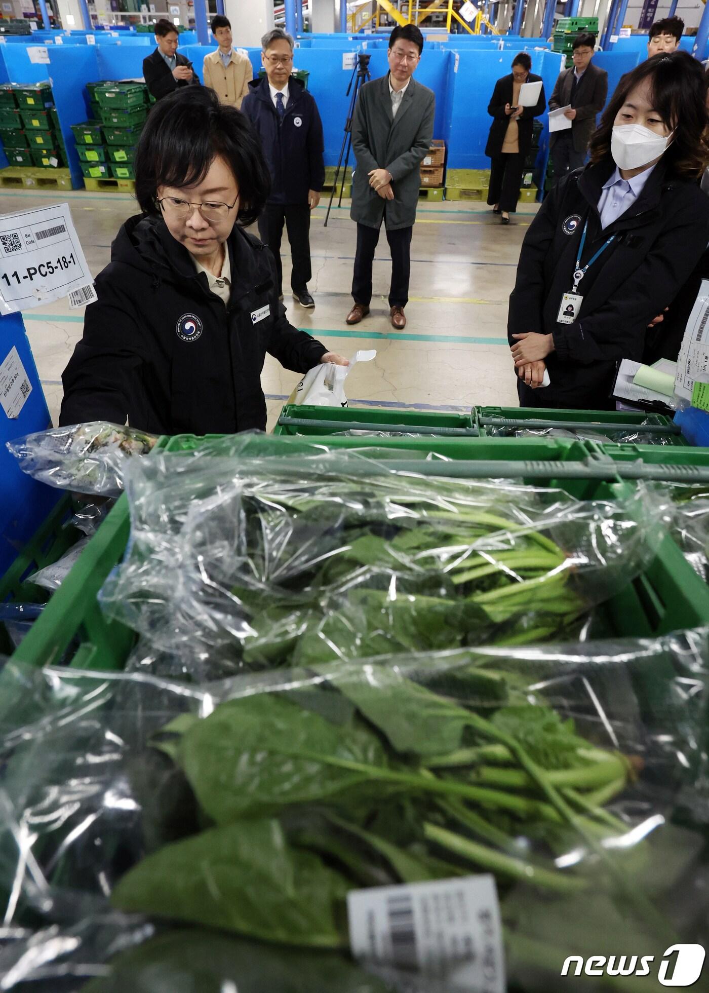 본문 이미지 - 오유경 식품의약품안전처장이 경기도 김포시 고촌읍 경인청 농산물 신속검사센터에서 새벽배송 농산물 잔류농약 검사를 위한 검체 채취를 하고 있다. 2024.4.3/뉴스1 ⓒ News1 김명섭 기자